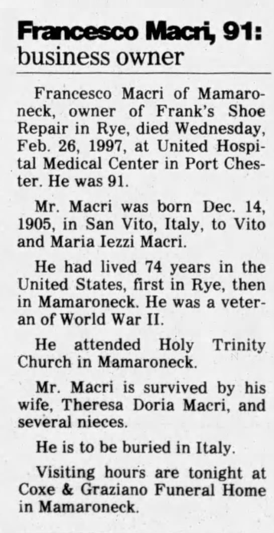 Obituary for Francesco Macri, 1905-1997 (Aged 91) - 