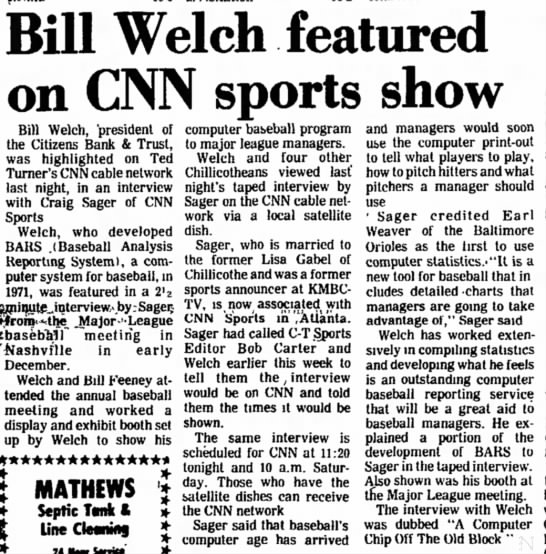 Bill Welch Featured on CNN Sports Show (sportscaster Craig Sager content) - 