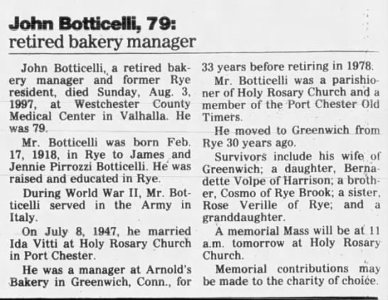 Obituary for John Botticelli, 1918-1997 (Aged 79) - 