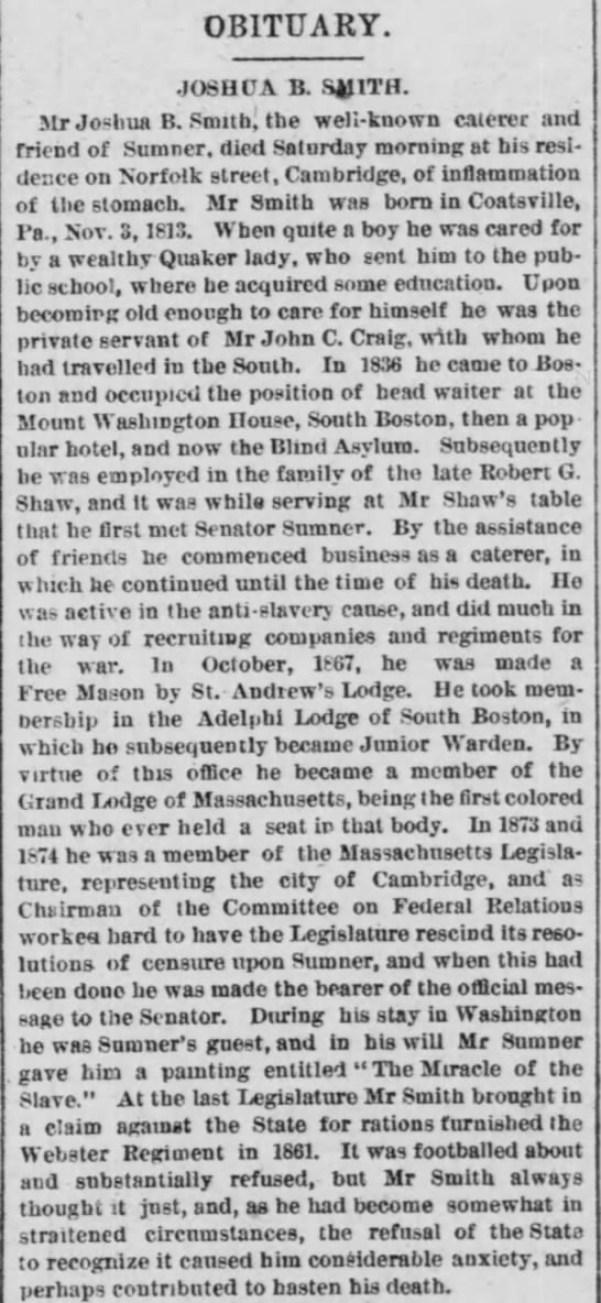 Joshua B. Smith obituary in the Boston Post, July 7, 1879, p. 3. - 