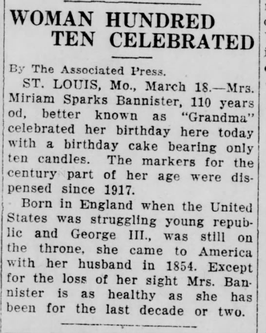 Miriam Sparks Bannister's 110th birthday (1927). - 