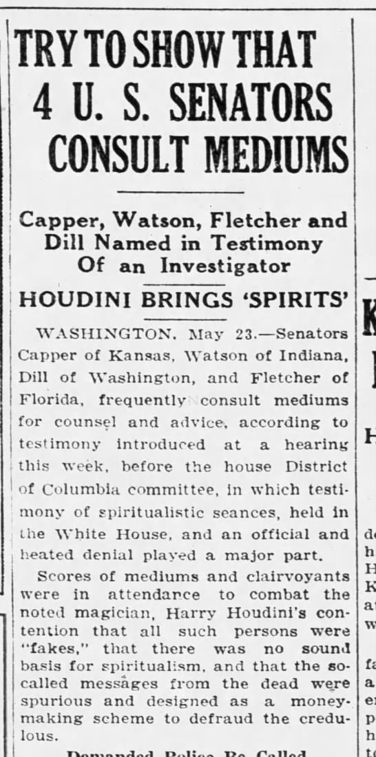 4 U.S. senators named in 1926 hearings for Houdini's bill - 
