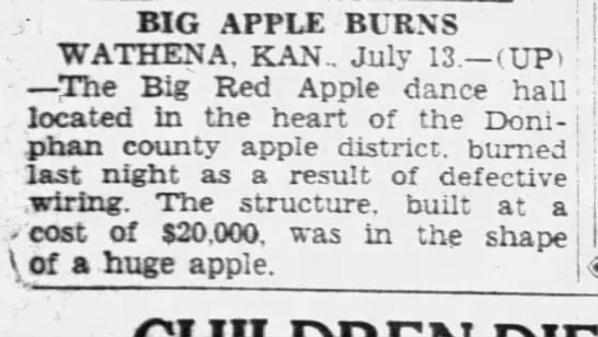 Big Red Apple near Wathena, Kansas burns (1940). - 