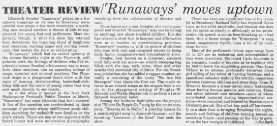 Theater Review: 'Runaways' moves uptown/Alan Wallach - 