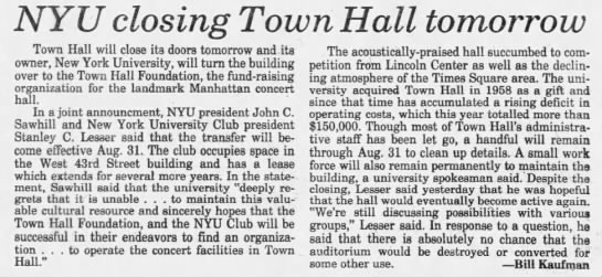 NYU closing Town Hall tomorrow/Bill Kaufman - 