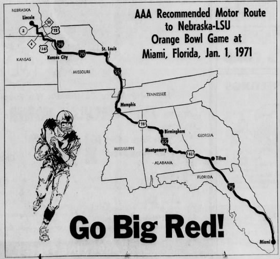 1970 Driving route, Lincoln to Miami - 