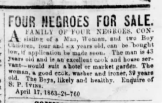 Ad: slaves for sale, Tennessee 1863 - 