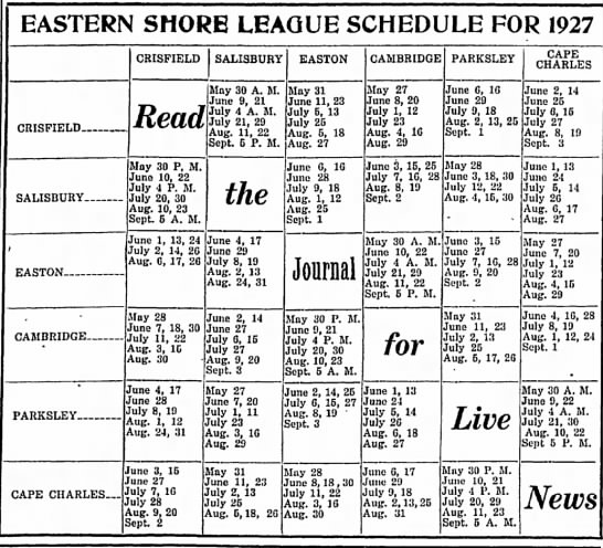 1927 Eastern Shore League schedule - 