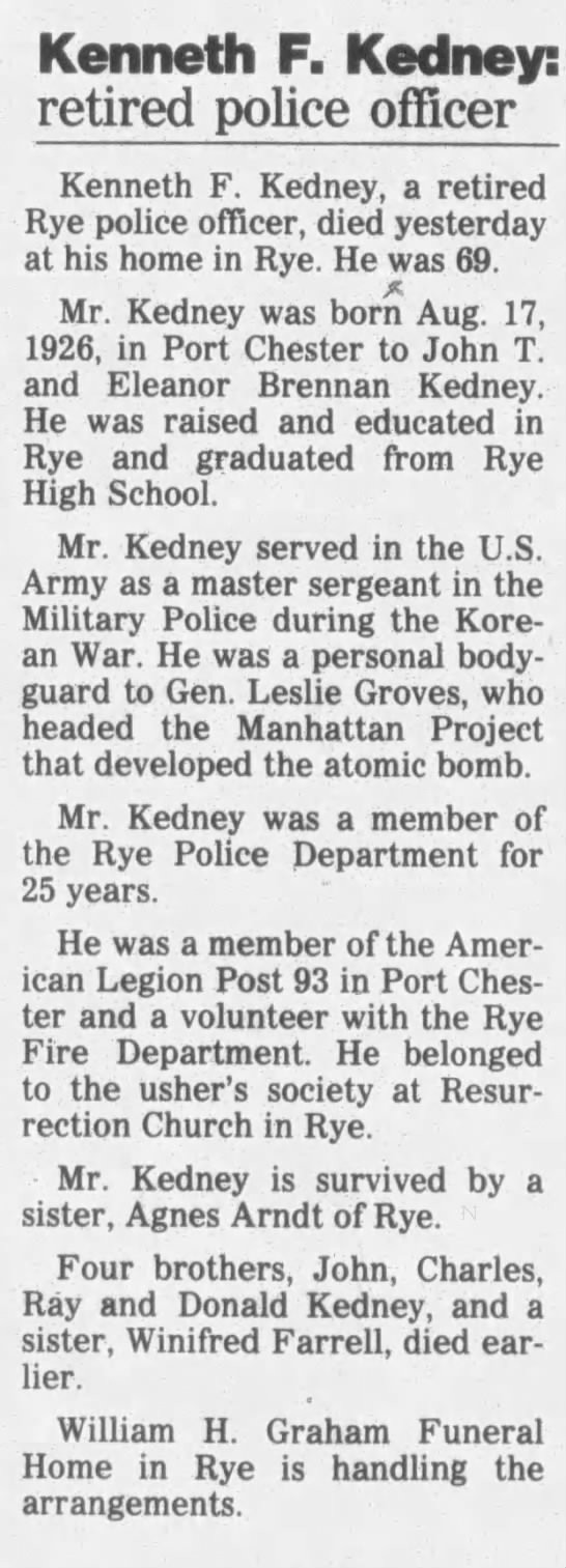Obituary for Kenneth F. Fa Kedney (Aged 89) - 