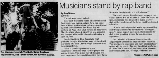 Musicians stand by rap band, The Daily Times (Mamaroneck, NY) 30 Jul 1990 B1 - 