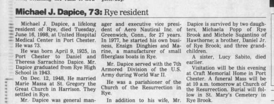 Obituary for Michael J. Dapice, 1925-1998 (Aged 73) - 