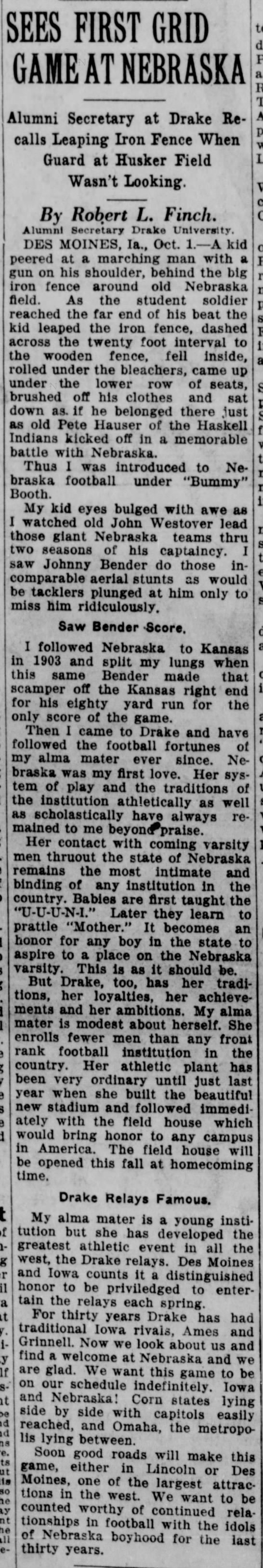 1926 Nebraska football recollections, Drake pregame - 