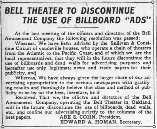 Bell Theatre to discontinue billboard ads - 