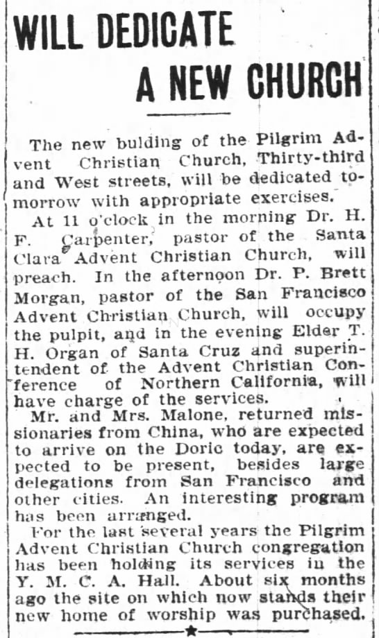 Pilgrim Advent Christian Church -- dedication - 
