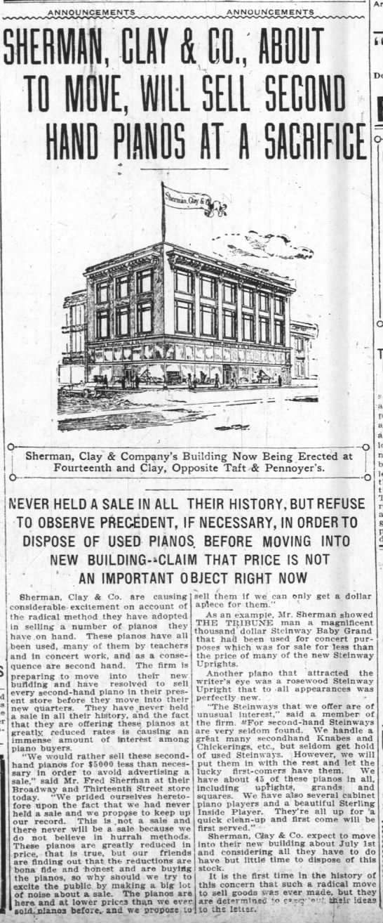 Sherman, Clay & Co. selling pianos before move - 
