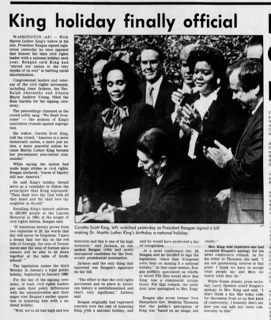President Reagan signs legislation creating Martin Luther King Jr. Day as national holiday, 1983 - 