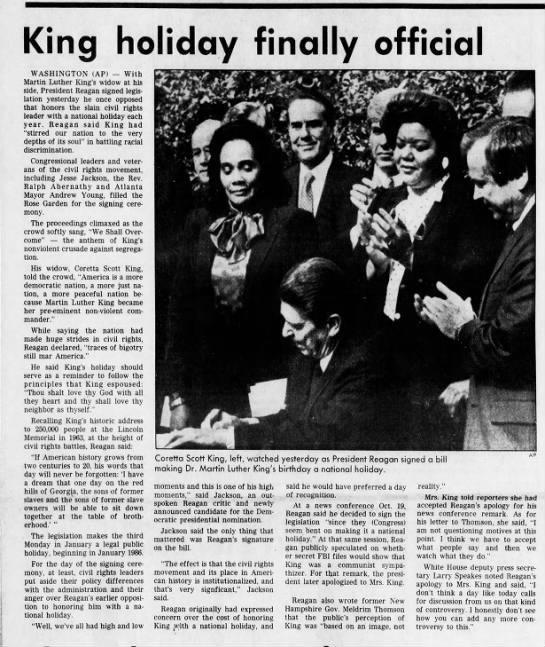 Nov 1983: Pres. Regan signs legislation creating national holiday for M.L. King Jr. - 