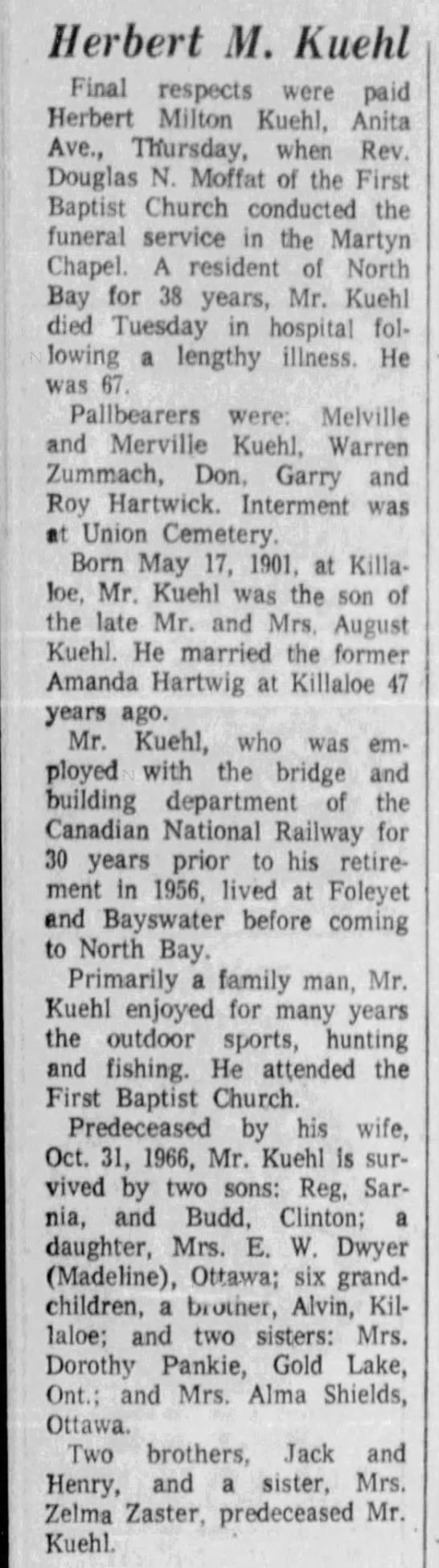 Obituary: Herbert Milton Kuehl (Aged 67) extended - 