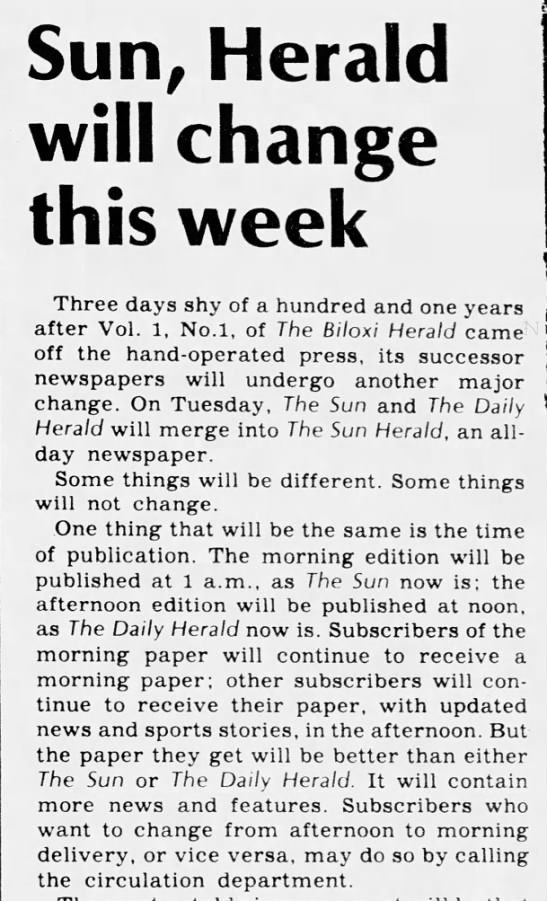 The Sun and The Daily Herald Merge to form The Sun Herald - 