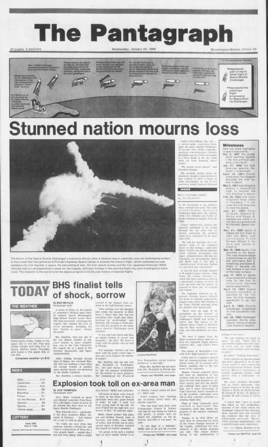 "Stunned nation mourns loss" of seven astronauts in the Challenger disaster - 