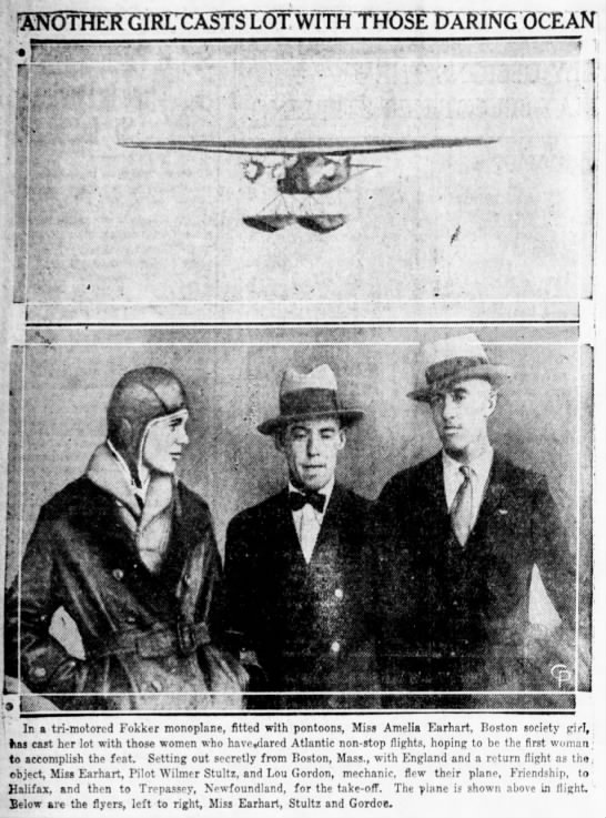 Picture of Amelia Earhart and her team of Pilot Wilmer Stultz and mechanic Lou Gordon - 