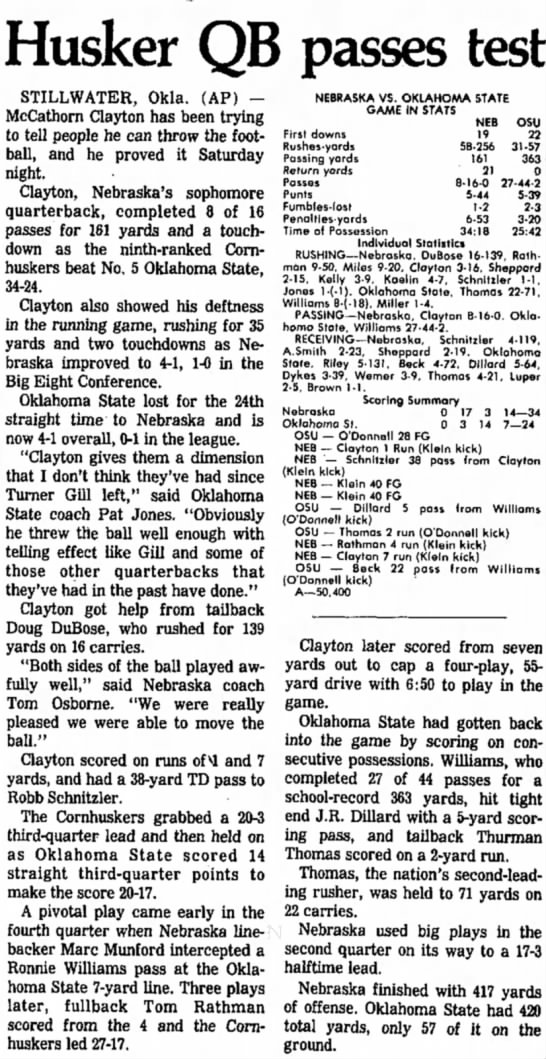 1985 Nebraska-Oklahoma State football, AP - 