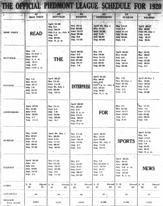 1920 Piedmont League schedule - 