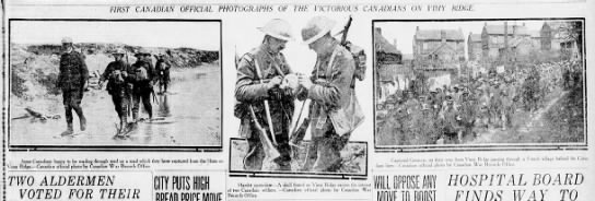 Newspaper publishes "First Canadian official photographs of the victorious Canadians on Vimy Ridge" - 