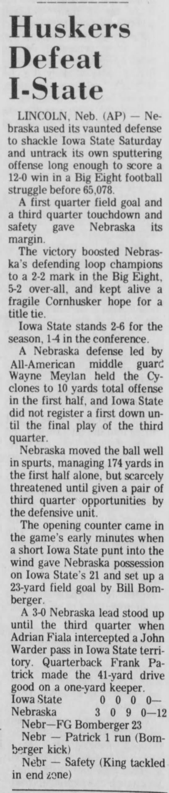 1967 Nebraska-Iowa State AP - 
