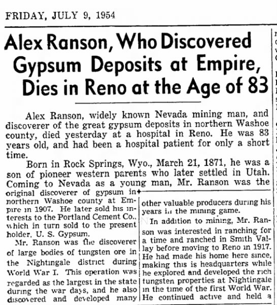 Alex Ranson, Who Discovered Gypsum Deposits at Empire, Dies in Reno at the Age of 83. - 