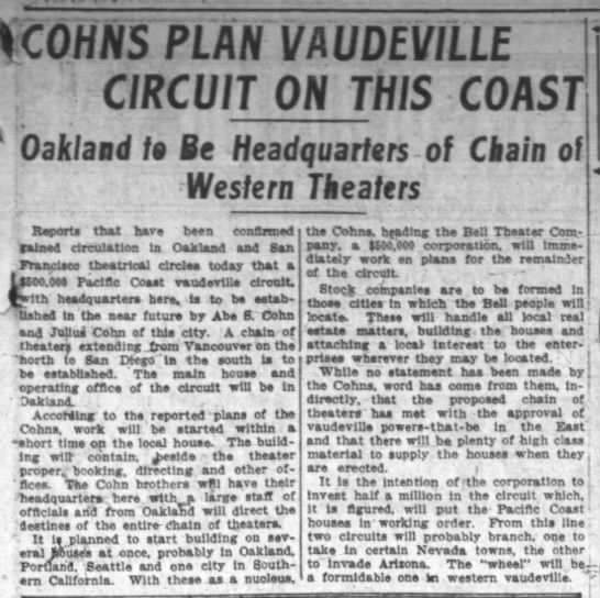 Cohns plan Vaudeville circuit - Bell Theatre - 