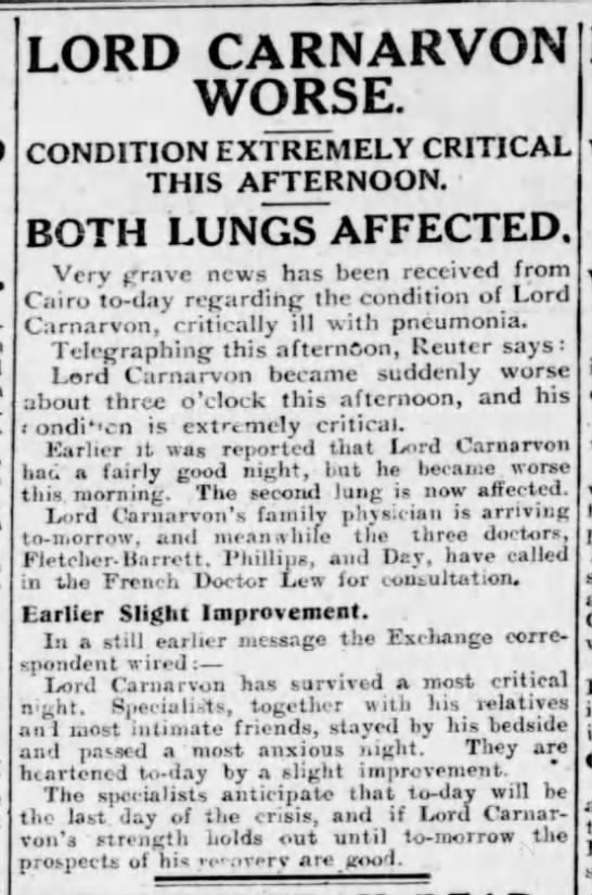 Lord Carnarvon develops pneumonia  - 