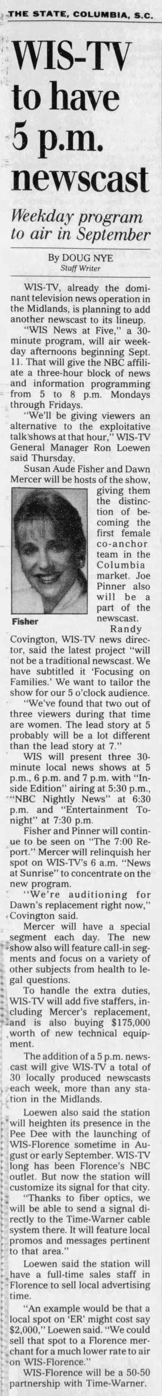 WIS-TV to have 5 p.m. newscast: Weekday program to air in September - 
