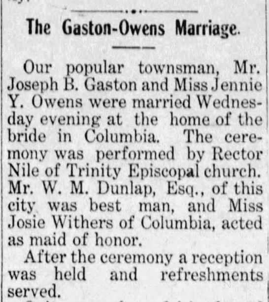 Gaston-Owens Marriage 1907 - 