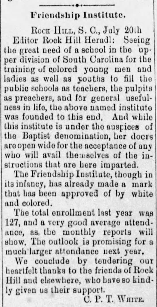 Friendship College established in the 1890s - 