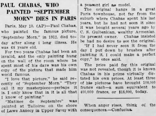 Paul Chabas dies in Paris 1937 - 