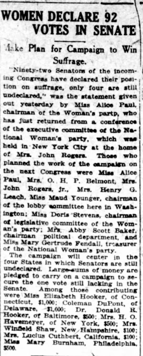 Women Declare 92 Votes in Senate, The Washington Herald (Washington, D.C.), 14 April 1919, p 5 - 