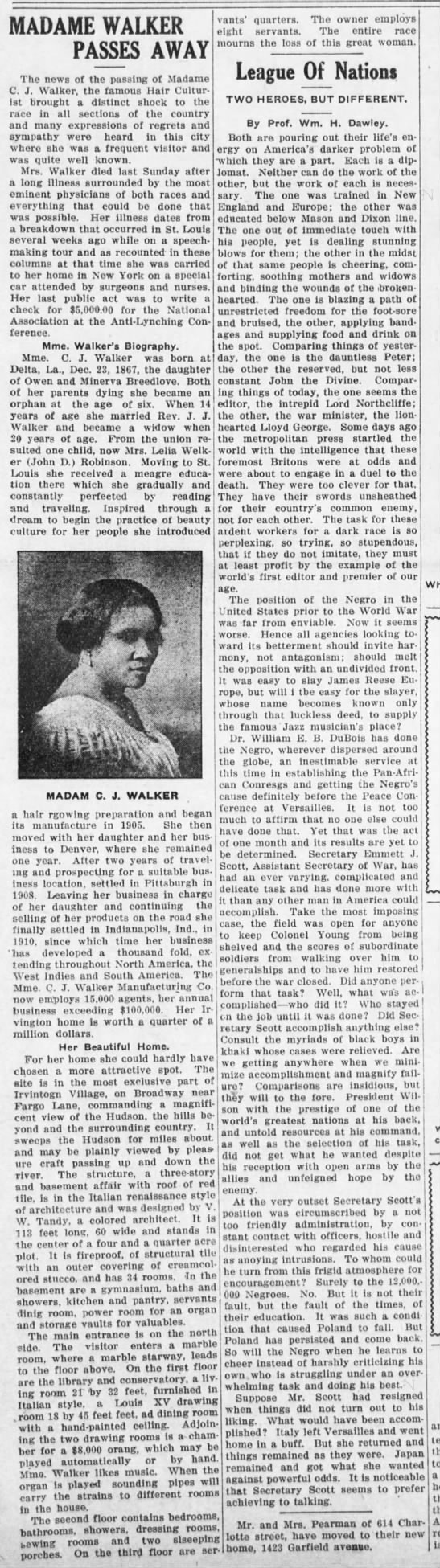Kansas City Sun obituary for Madam C.J. Walker and description of her New York home, Villa Lewaro - 