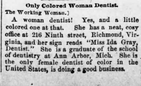 Only Colored Woman Dentist. Pittsburgh Dispatch (Pittsburgh, Pennsylvania) August 9, 1891, p 15 - 