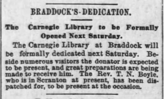 Carnegie Free Library at Braddock dedicated March 30, 1889 - Andrew Carnegie Attends - 