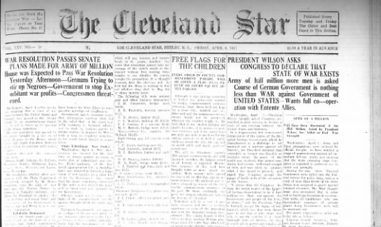Cleveland Star front page as US enters WWI - 