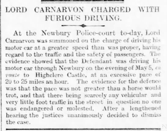 Lord Carnarvon charged with speeding in motor car  - 