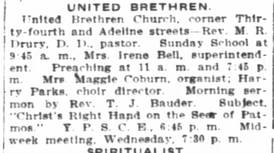 Rev. M.R. Drury -- United Brethren Church, 34th and Adeline - 