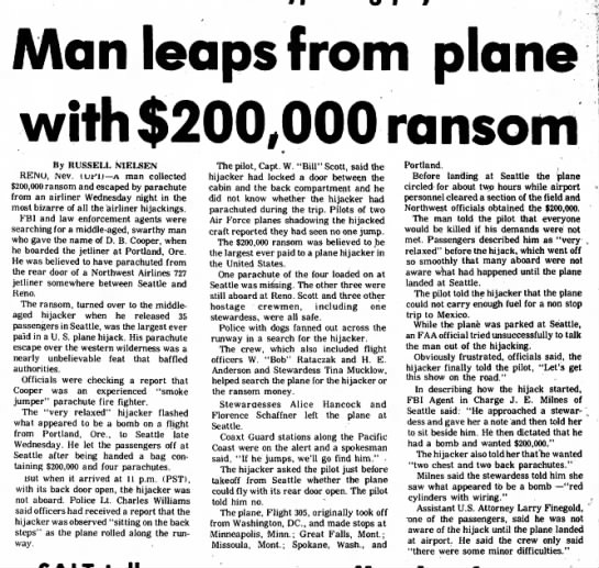 "Man Leaps from Plane with $200,000 Ransom" - 