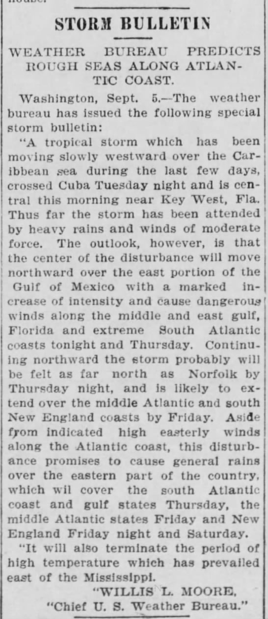 Weather Bureau issues storm bulletin for storm that becomes Galveston Hurricane of 1900 - 