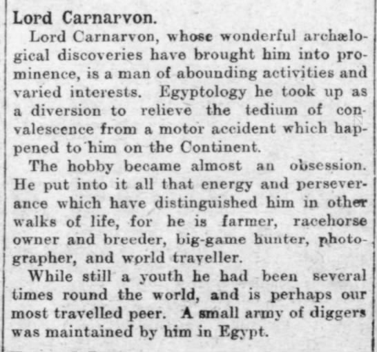 Lord Carnarvon recovers from auto accident and takes up Egyptology as a hobby  - 
