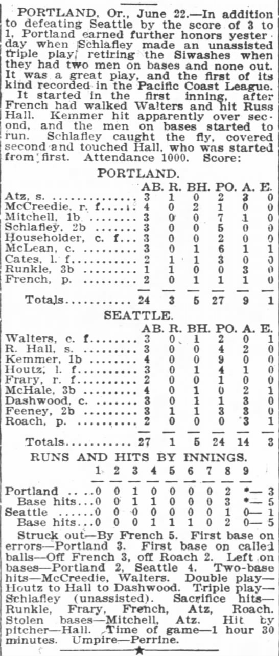 1905-06-21 Pacific Coast League triple play - 