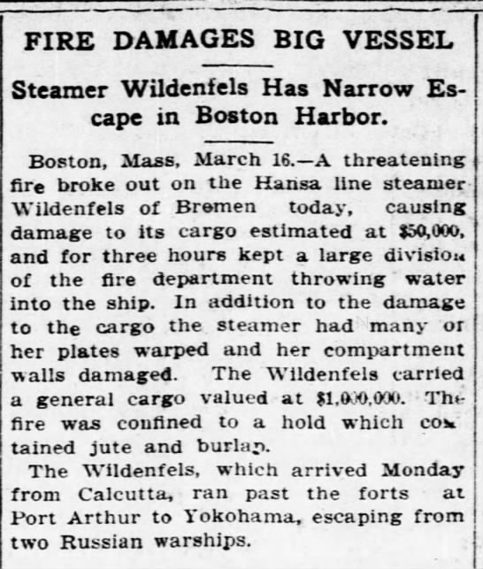 Ship named Wildenfels has fire 1905 - 