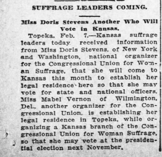 Suffrage Leaders Coming, The Leavenworth Times, (Leavenworth, Kansas) 8 February 1916, p 1 - 