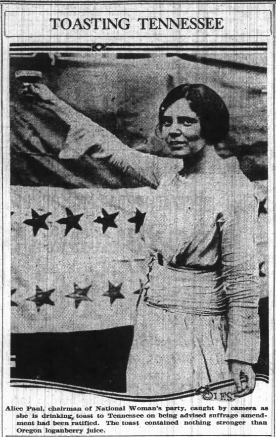 Alice Paul, suffrage leader, toasts suffrage victory after ratification of 19th Amendment - 